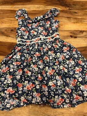 Girls' Polo Navy Floral Sundress with Coral Accents